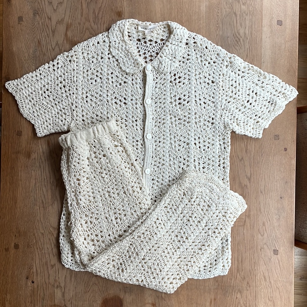 MAURIE + EVE LOVE AND STARS SHIRT & PANTS CREAM Knit Crochet Two-Piece Set Sz 8